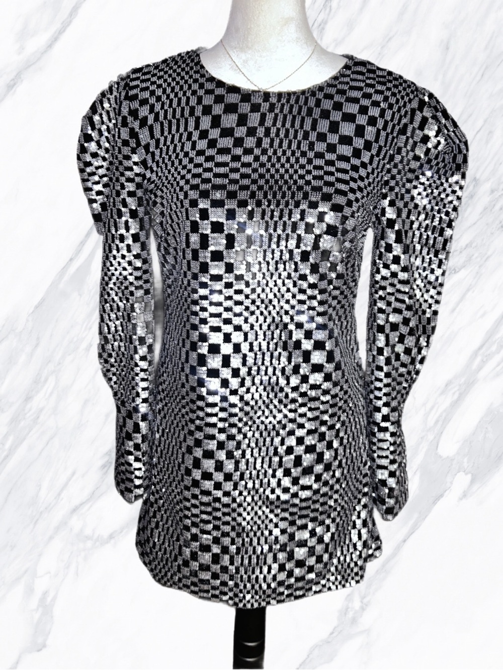 White Birch ~ Small ~ Black W/ Silver Metallic Checkered ~ Sequins Mini Dress